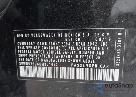 2019 Volkswagen Jetta 1.4T S z USA, uszkodzony, nr VIN 3VWN57BU6KM251652